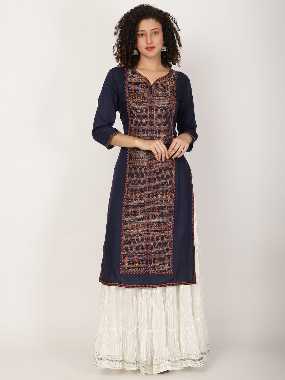 Ethnic Motifs Printed Thread Work Cotton Straight Kurta