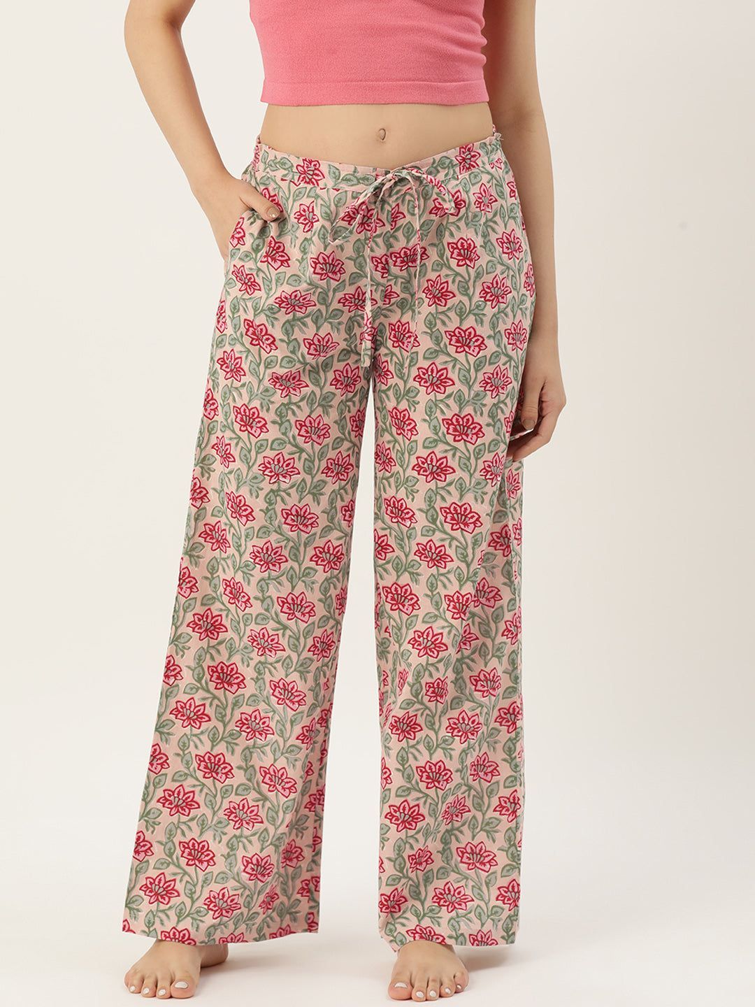 Women Floral Printed Cotton Straight Lounge Pants
