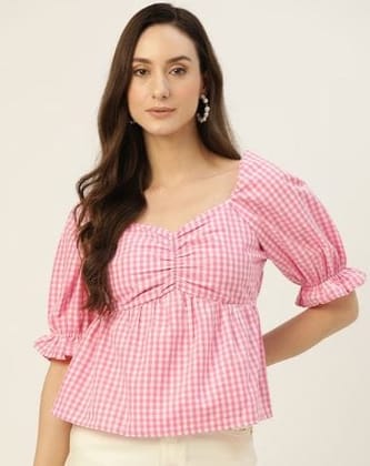 Pink & White Checked Sweetheart Neck Blouson Top