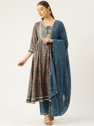 Women Blue Floral Yoke Design Pleated Gotta Patti Kurta with Trousers & With Dupatta