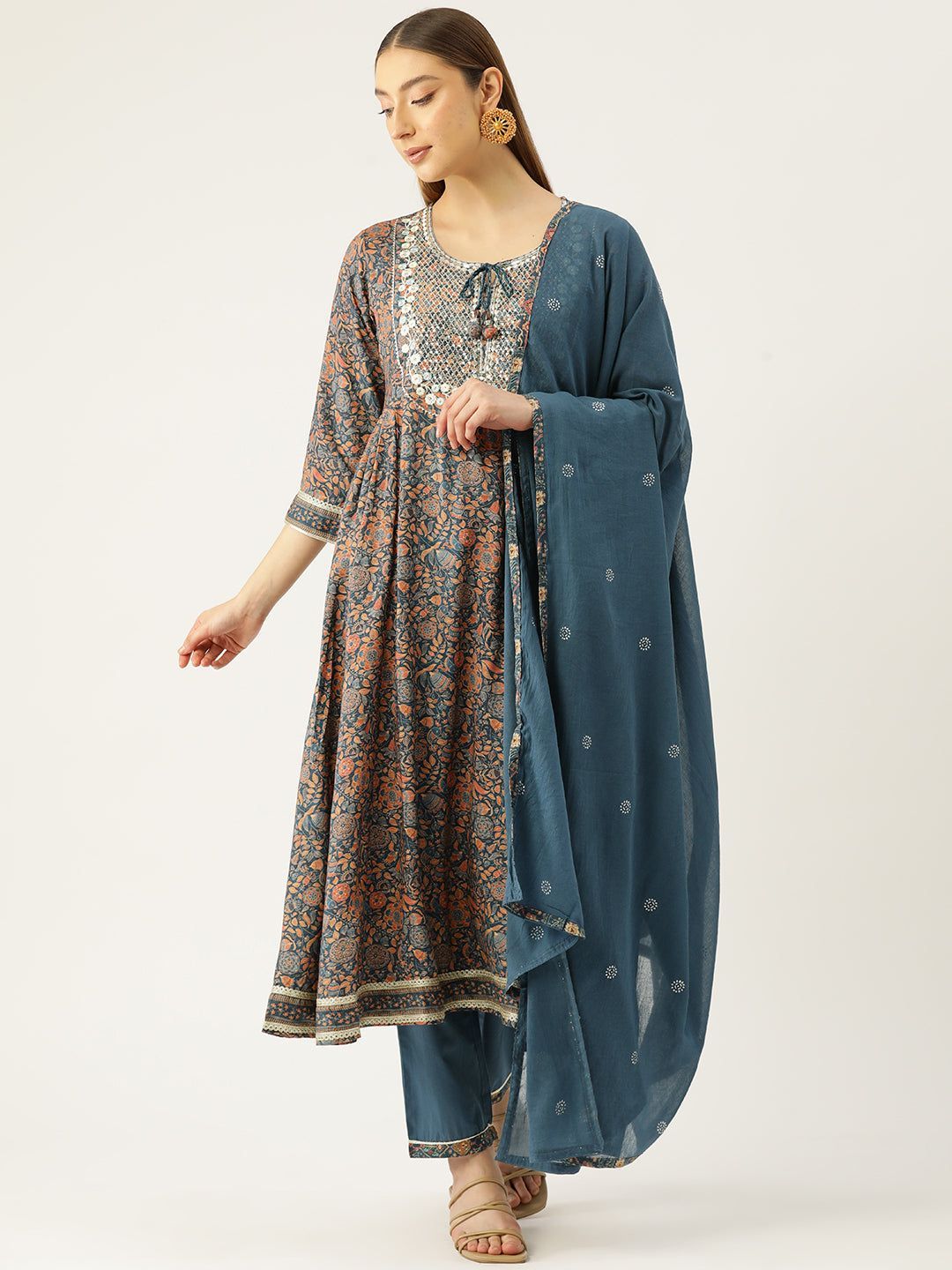 Women Blue Floral Yoke Design Pleated Gotta Patti Kurta with Trousers & With Dupatta