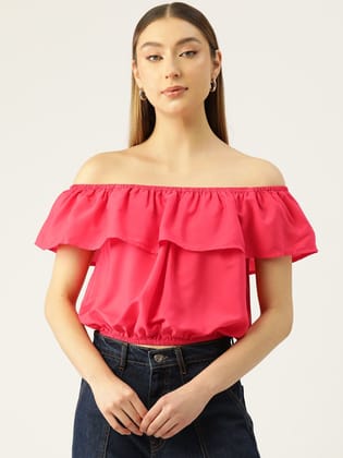 Solid Off-Shoulder Flared Sleeve Crepe Bardot Crop Top