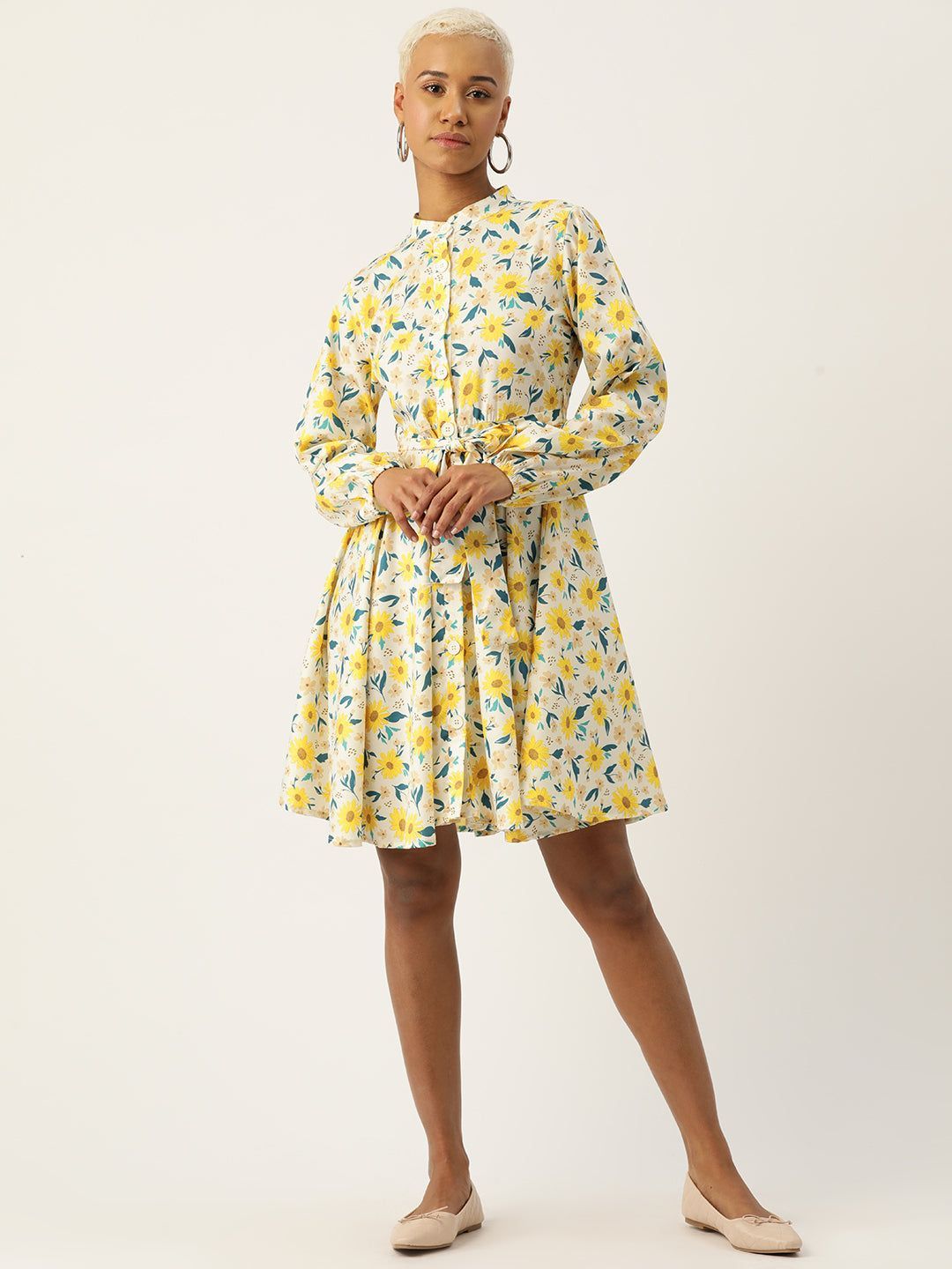 Floral Print Puff Sleeve Crepe A-Line Dress