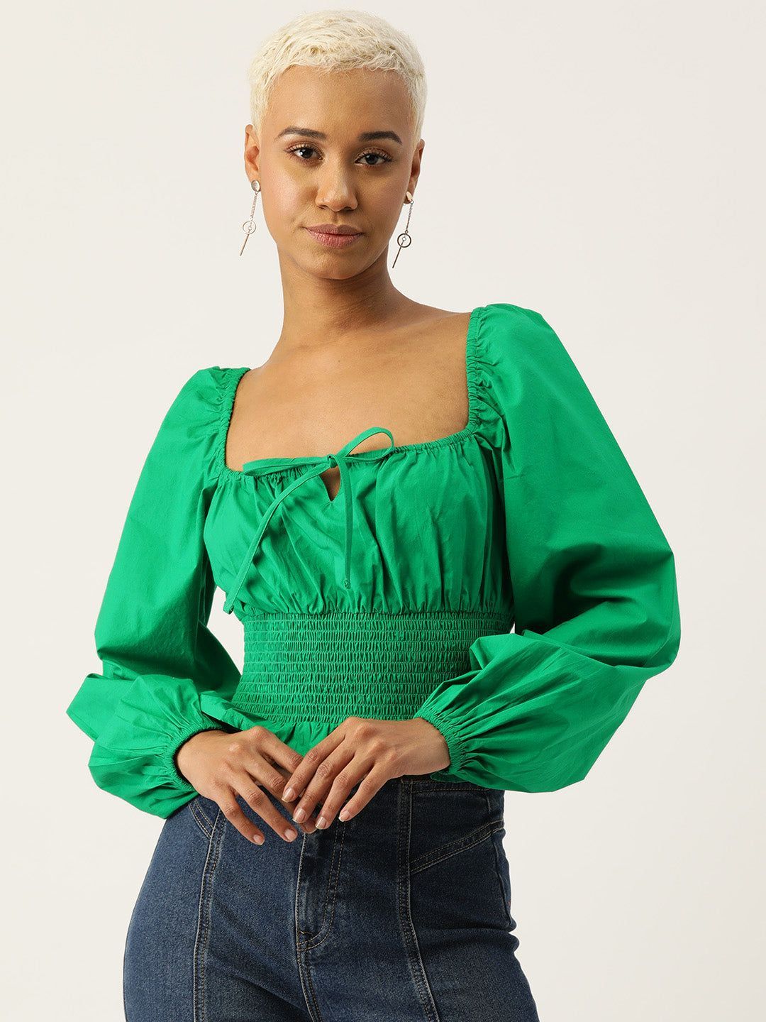 Tie-Up Neck Puff Sleeve Smocked Cotton Bardot Crop Top