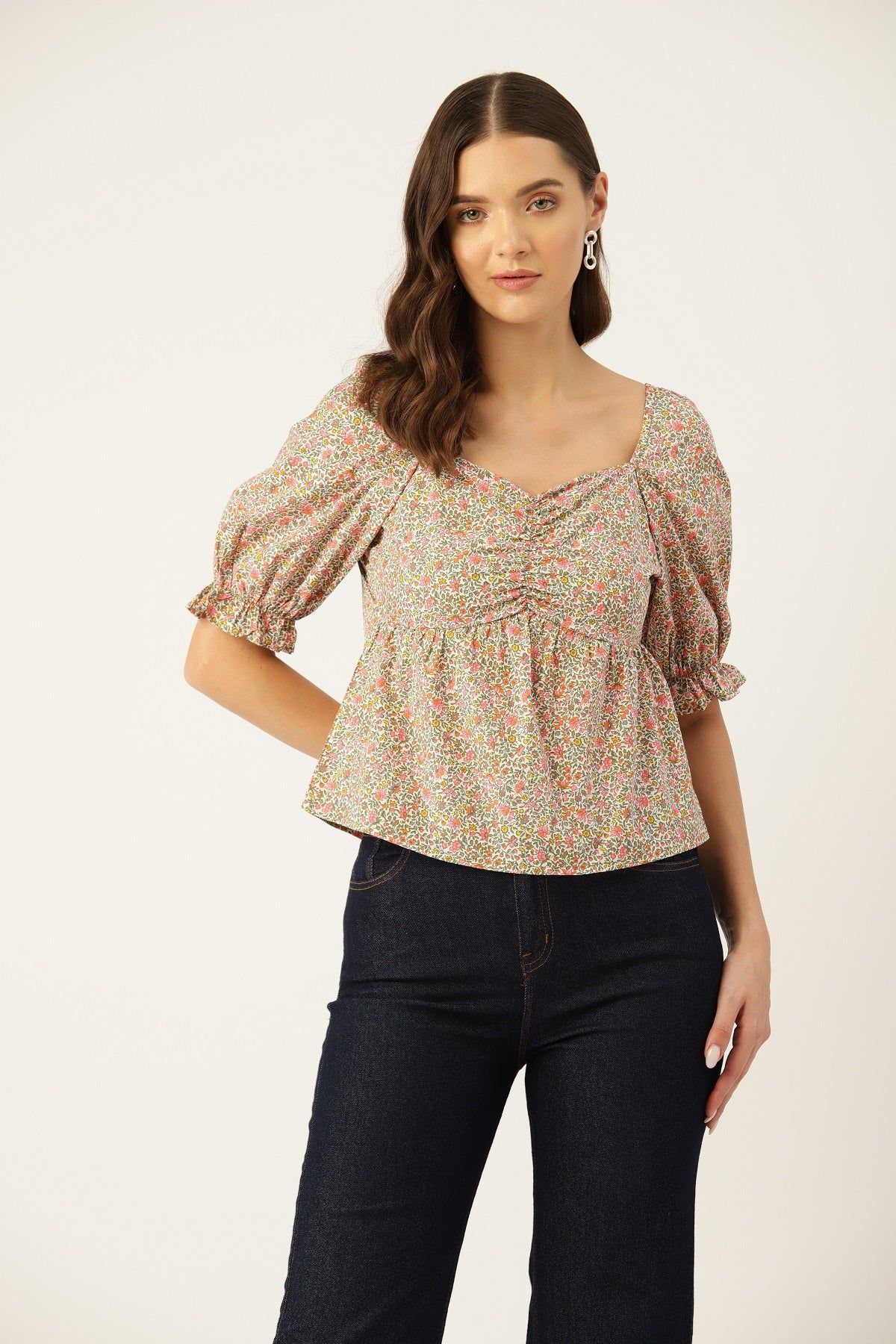 Floral Print Sweetheart Neck Puff Sleeve Cotton Top
