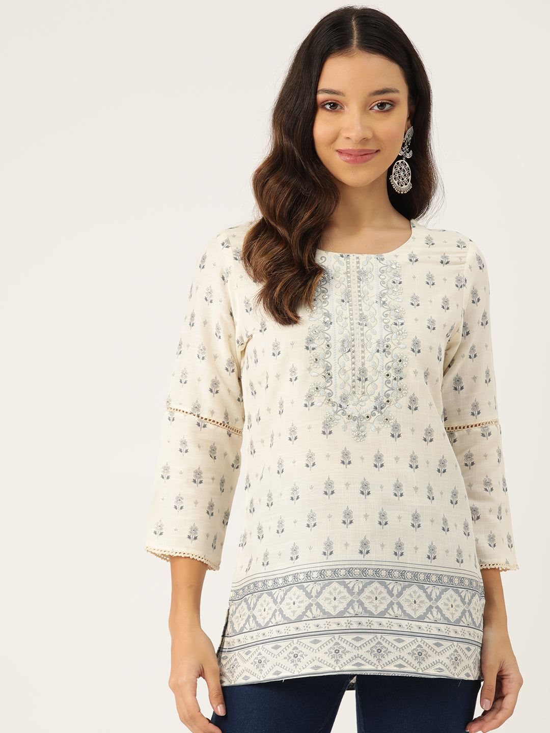 Floral Printed Pure Cotton Mirror Work Kurti