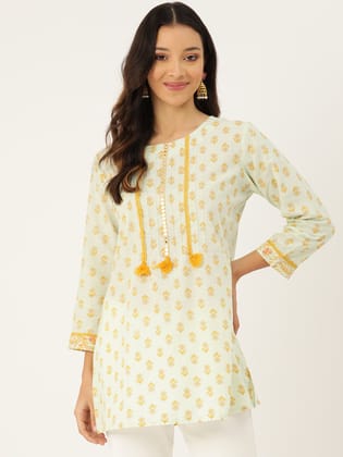 Floral Printed Mirror Work Pure Cotton Mirror Work Pleated Kurti