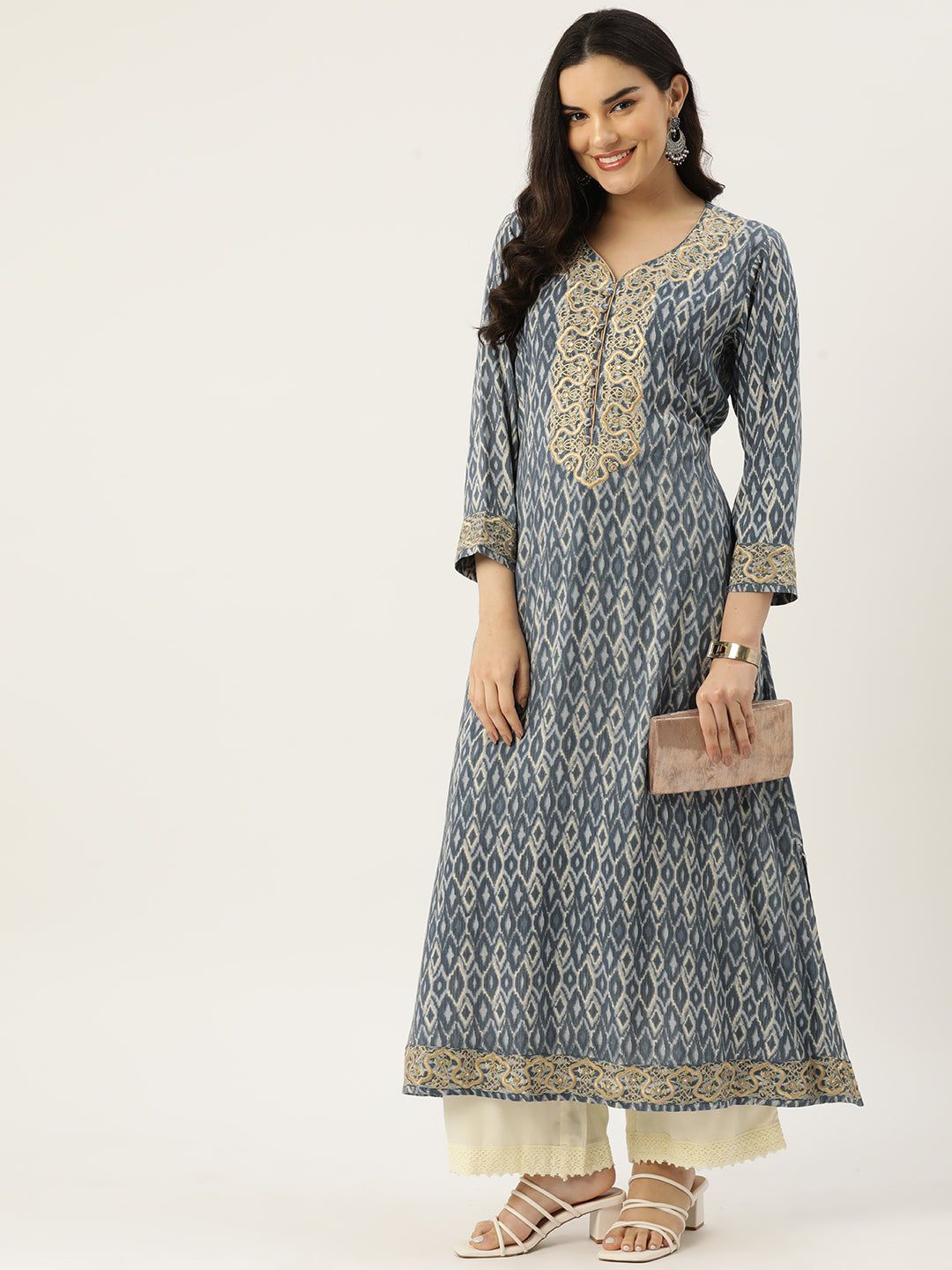 Ikat Printed Mirror Work A-Line Kurta
