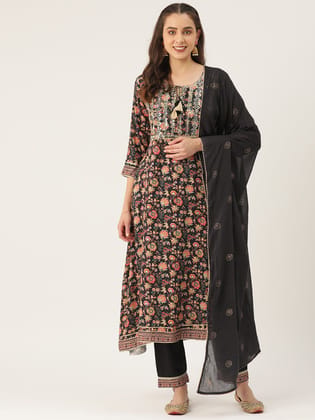 Women Floral Printed Regular Sequinned Kurta with Trousers & With Dupatta