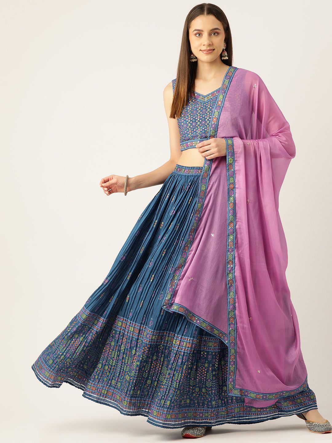Foil Printed Mirror Work Ready to Wear Lehenga & Blouse Dupatta
