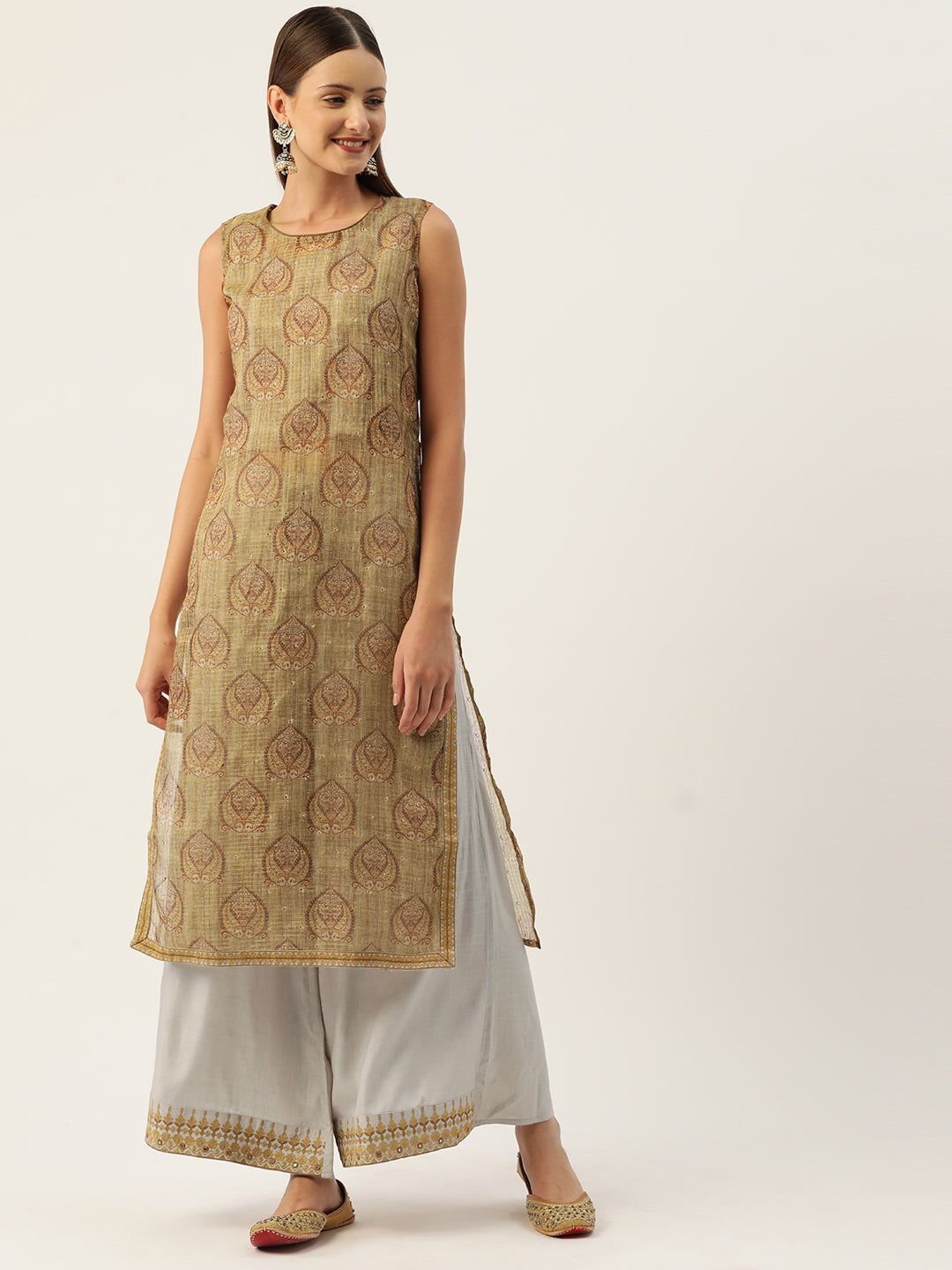 Ethnic Motifs Printed Regular Chanderi Cotton Kurta with Palazzos