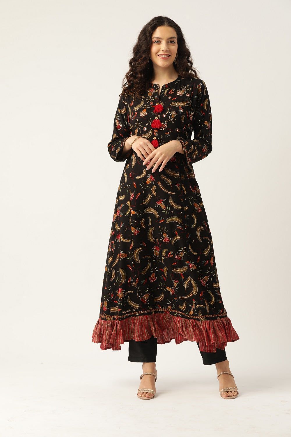 Women Black Embellished Anarkali Kurta