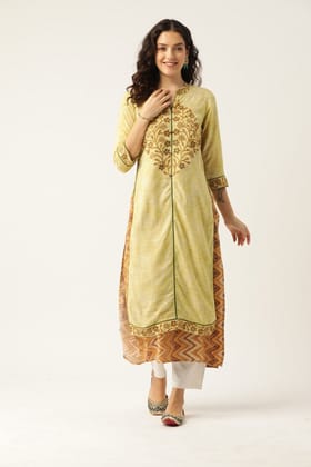Women Yellow Embroidered Double Layered A-Line Kurta
