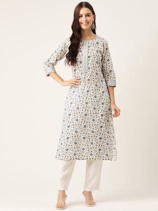 Women White & Blue Floral Printed Kurta