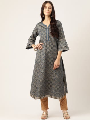 Women Navy Blue and Gold-Toned Floral&nbsp;Printed Kurta