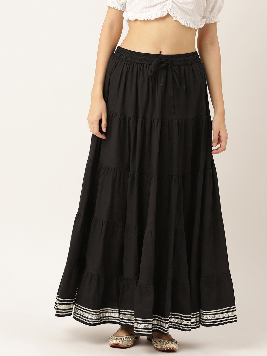 Women Solid Tiered Cotton Gotta Patti Maxi Skirt