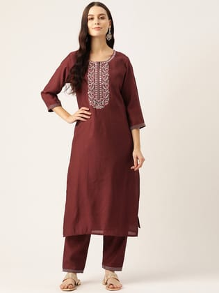 Floral Embroidered Regular Mirror Work Pure Cotton Kurta with Trousers