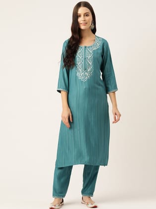 Floral Embroidered Regular Mirror Work Kurta with Trousers