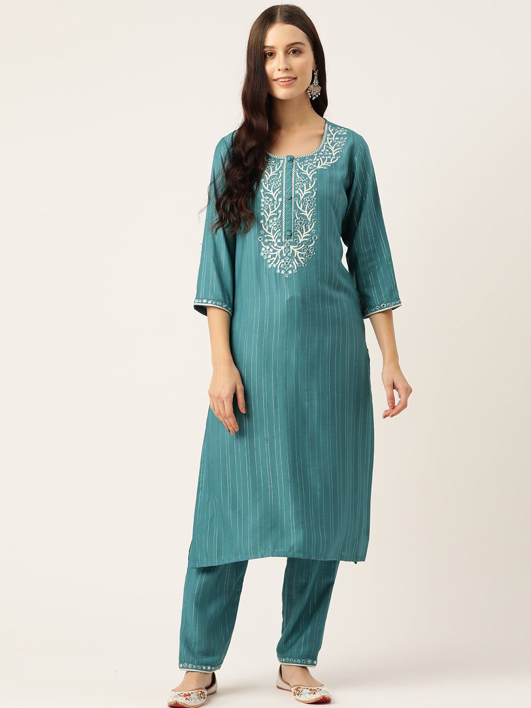 Floral Embroidered Regular Mirror Work Kurta with Trousers