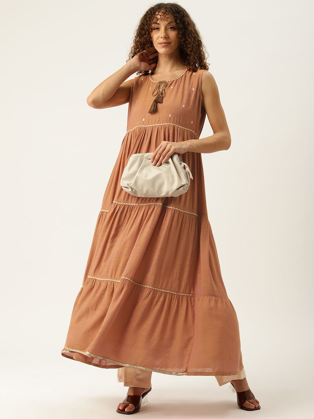 Embroidered Tie-Up Neck Tiered Kurta
