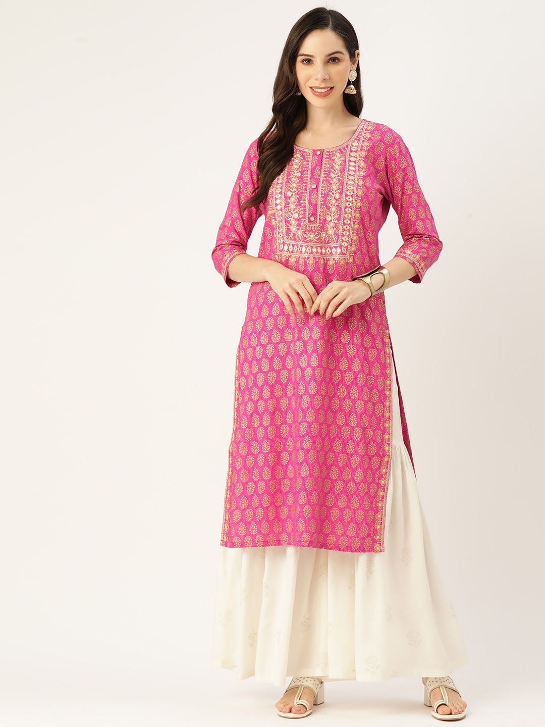 Women Ethnic Motifs Printed Mirror Work Cotton Kurta