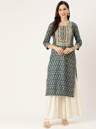 Women Floral Printed Mirror Work Cotton Kurta