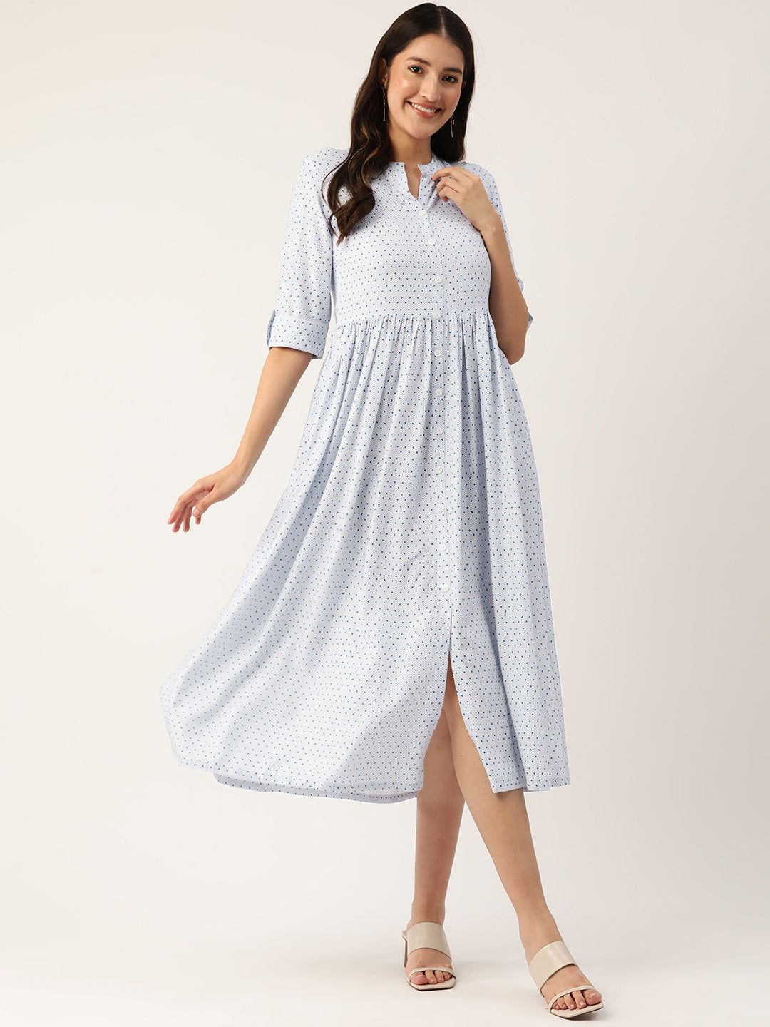 Print Mandarin Collar A-Line Midi Dress