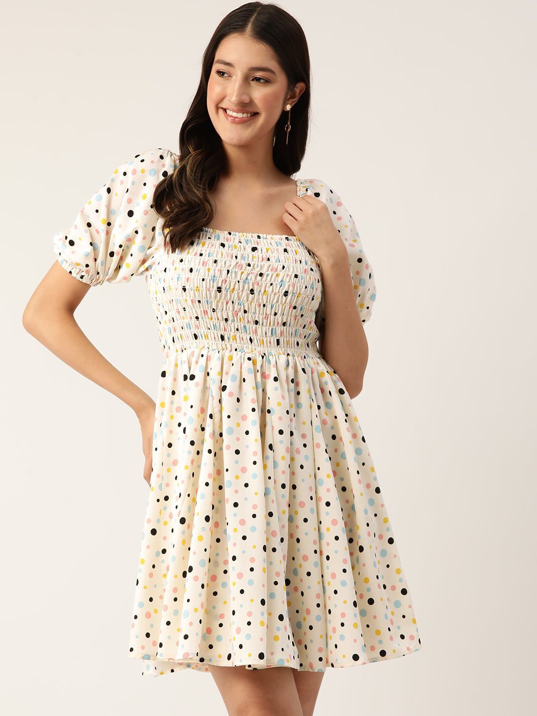 Print Puff Sleeve Crepe Smocked Fit & Flare Dress