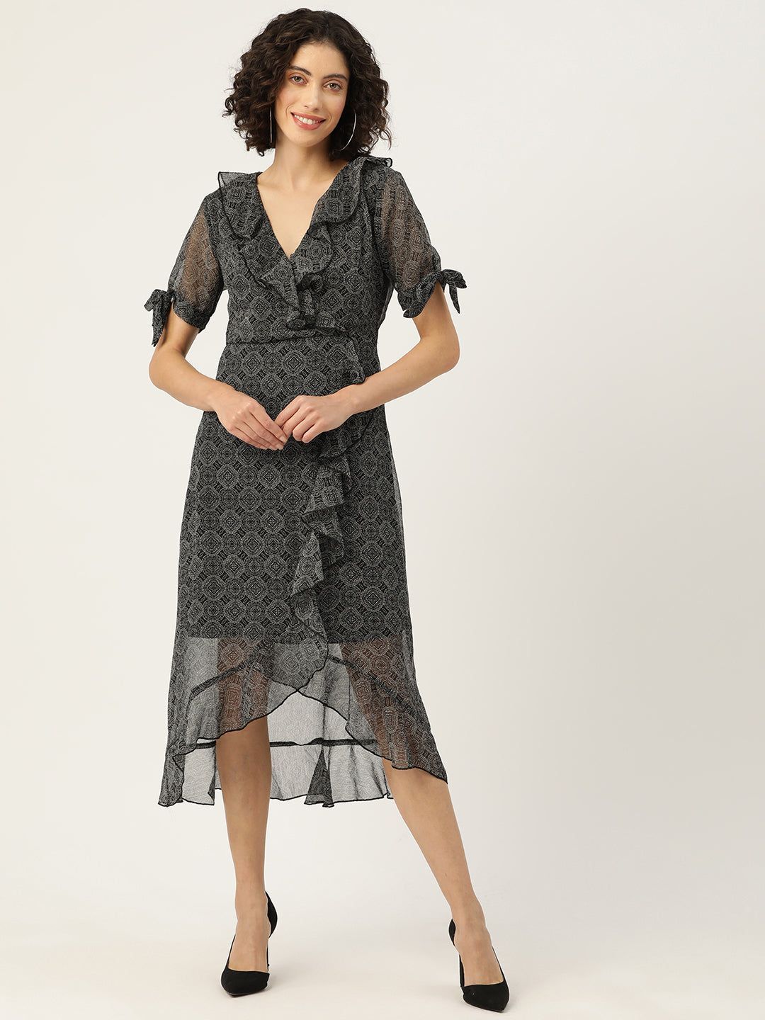 Ethnic Motifs Printed Puff Sleeve Ruffled Chiffon A-Line Midi Dress