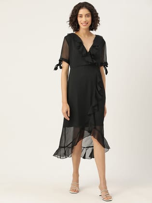 Solid Puff Sleeve Ruffled Chiffon A-Line Midi Dress