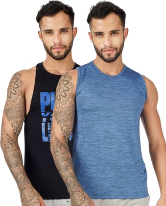 BLUEFICUS Men's GymVest Workout and Muscle Tank Top for Bodybuilding Running Weight Lifting Made by Dryfit Polyester Fabric (Black & Blue) (Pack of 2) BLUEFICUS Men's GymVest Workout and Muscle Tank Top for Bodybuilding Running Weight Lifting Made by Dryfit Polyester Fabric (Black & Blue) (Pack of 2)