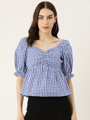 Checked Sweetheart Neck Puff Sleeve Cotton Top