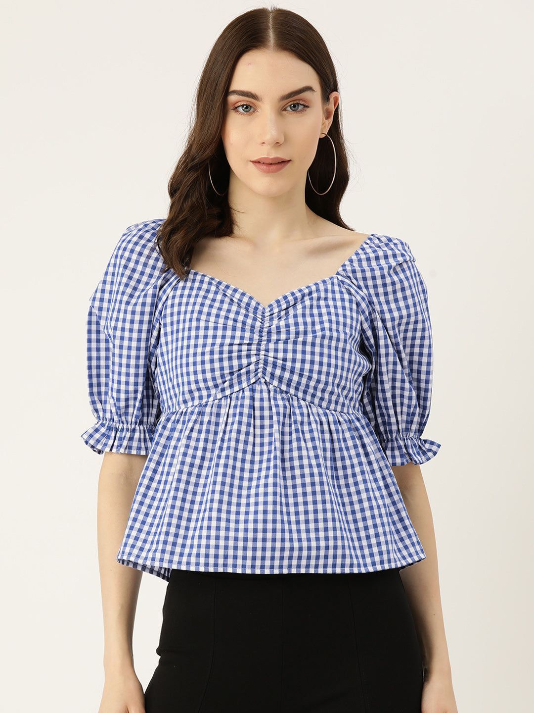 Checked Sweetheart Neck Puff Sleeve Cotton Top