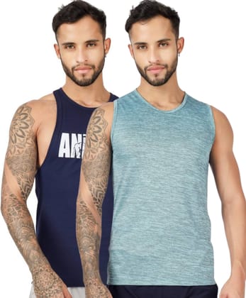 BLUEFICUS Men's GymVest Workout and Muscle Tank Top for Bodybuilding Running Weight Lifting Made by Dryfit Polyester Fabric (Green & Dark Blue) (Pack of 2) BLUEFICUS Men's GymVest Workout and Muscle Tank Top for Bodybuilding Running Weight Lifting Made by Dryfit Polyester Fabric (Green & Dark Blue) (Pack of 2)
