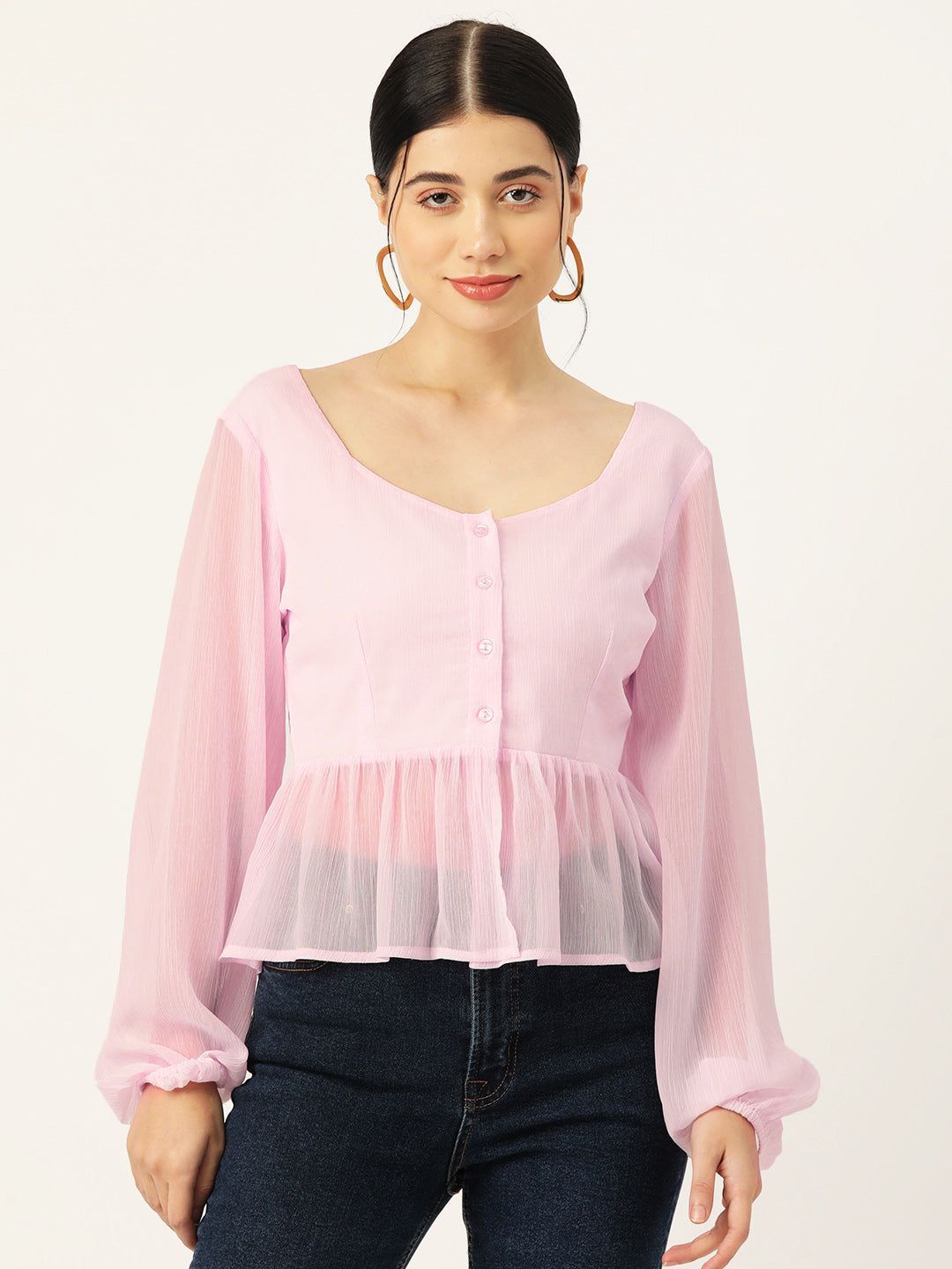 Pink Solid Puff Sleeve Peplum Top