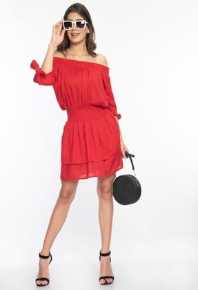 Red Off Shoulder Tiered Dress