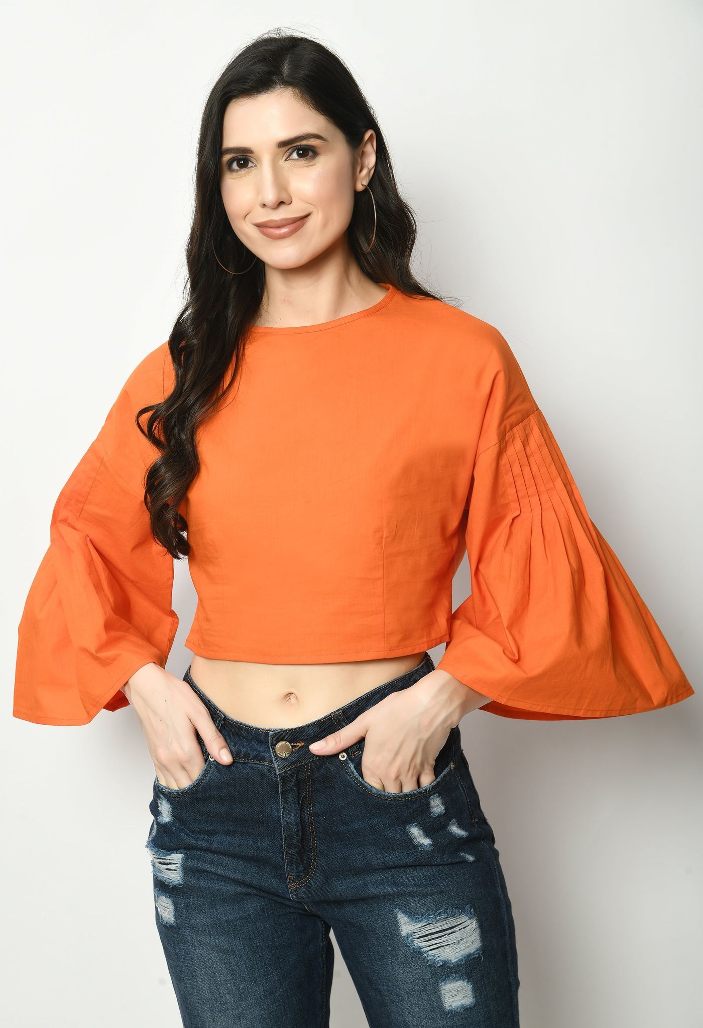 Cropped Poplin Pleated Flared Sleeves Top