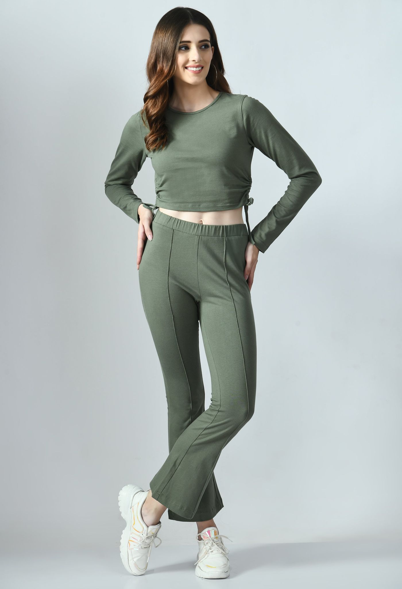 Olive Knitted Cropped Top & Straight Pants Co-ords