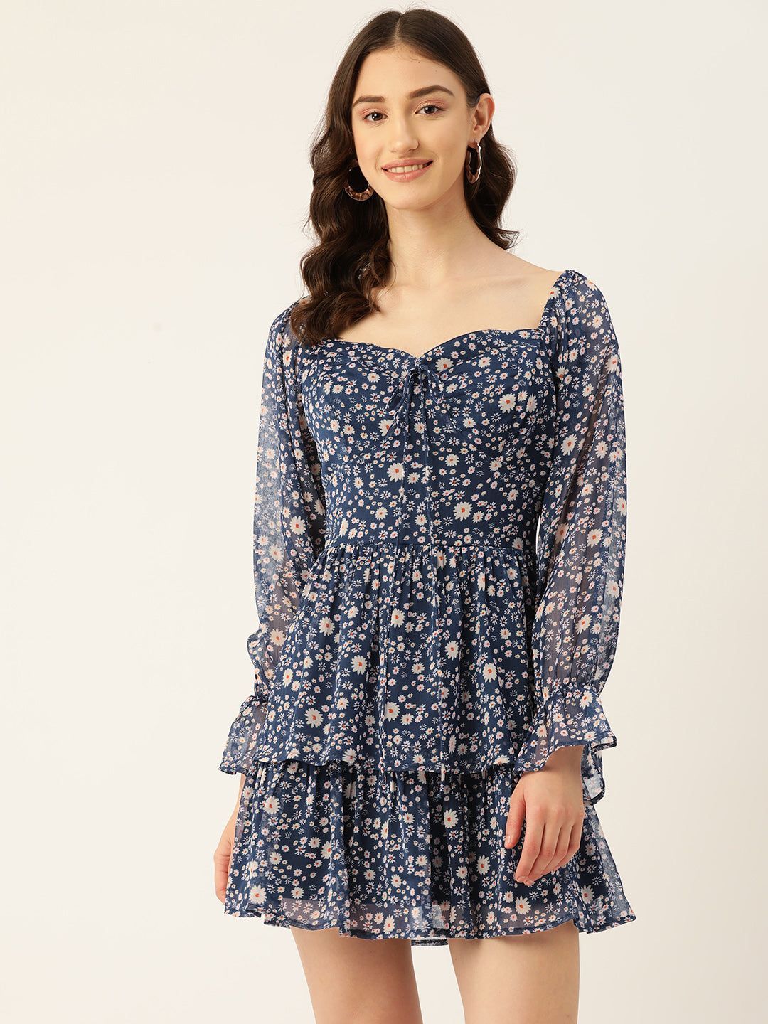 Rue Collection Blue Floral Print Chiffon A-Line Mini Dress