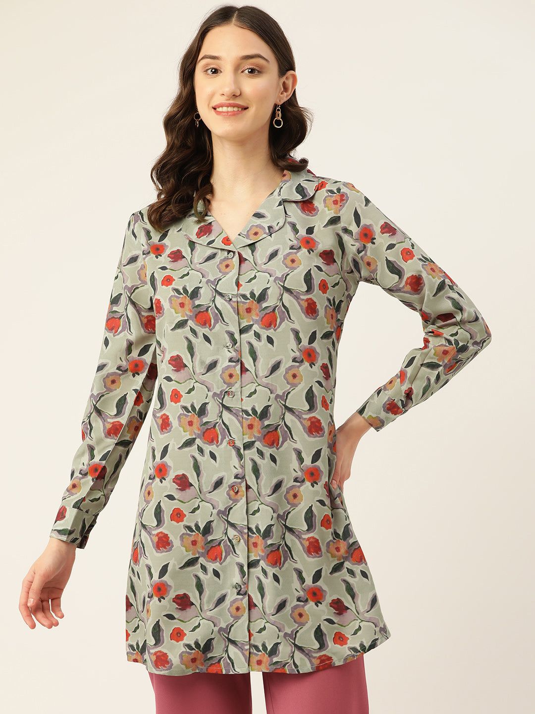 Floral Print Crepe Shirt Style Longline Top