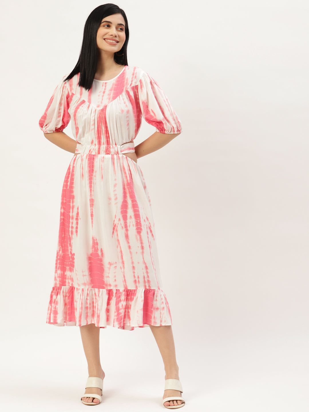 Women White & Pink Tie and Dye A-Line Midi Dress