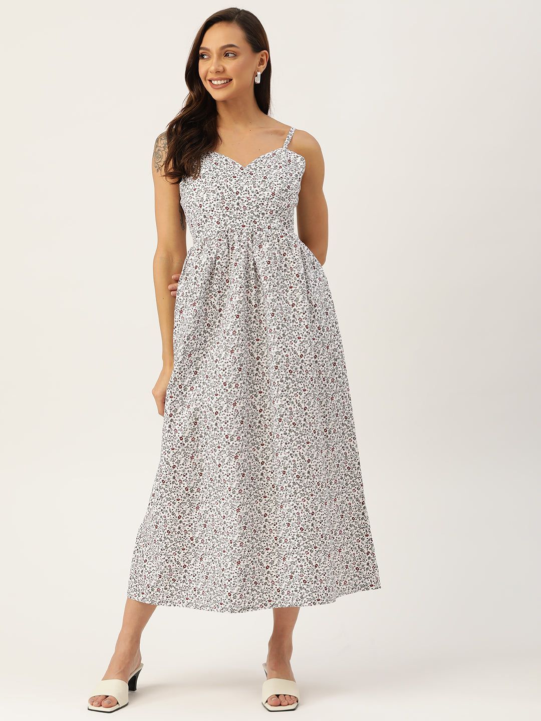 White & Brown Floral Pure Cotton Midi Dress