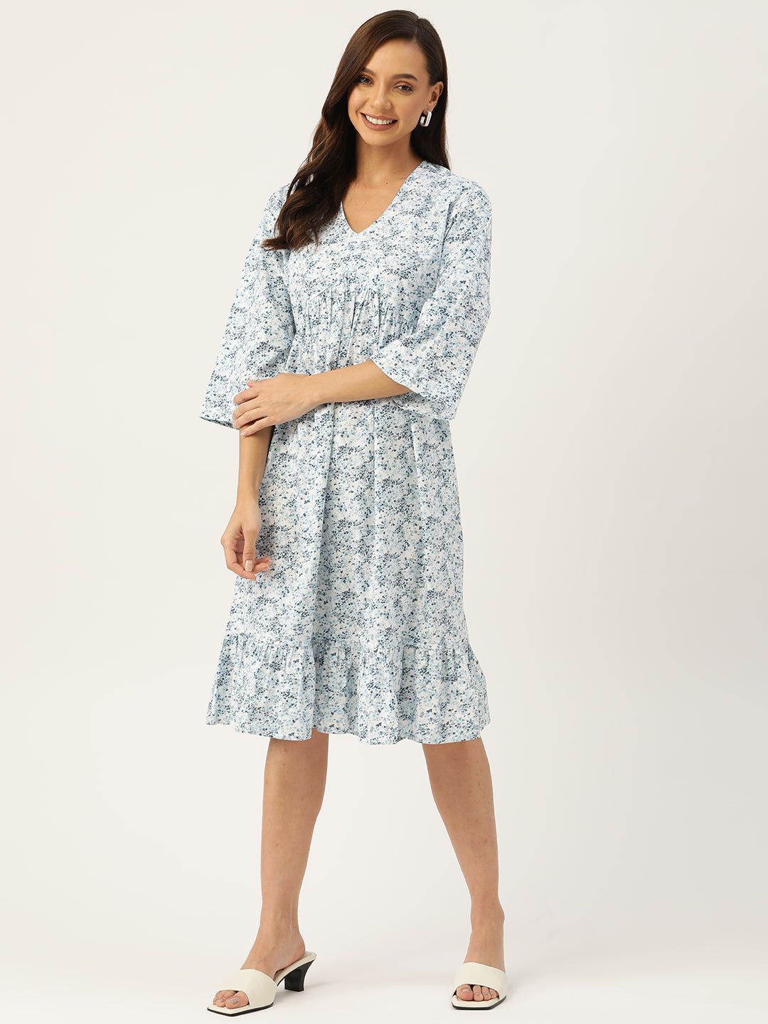 White & Blue Floral Cotton A-Line Dress