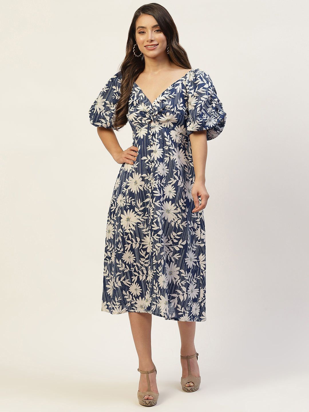 Navy Blue & Off White Floral Midi Dress