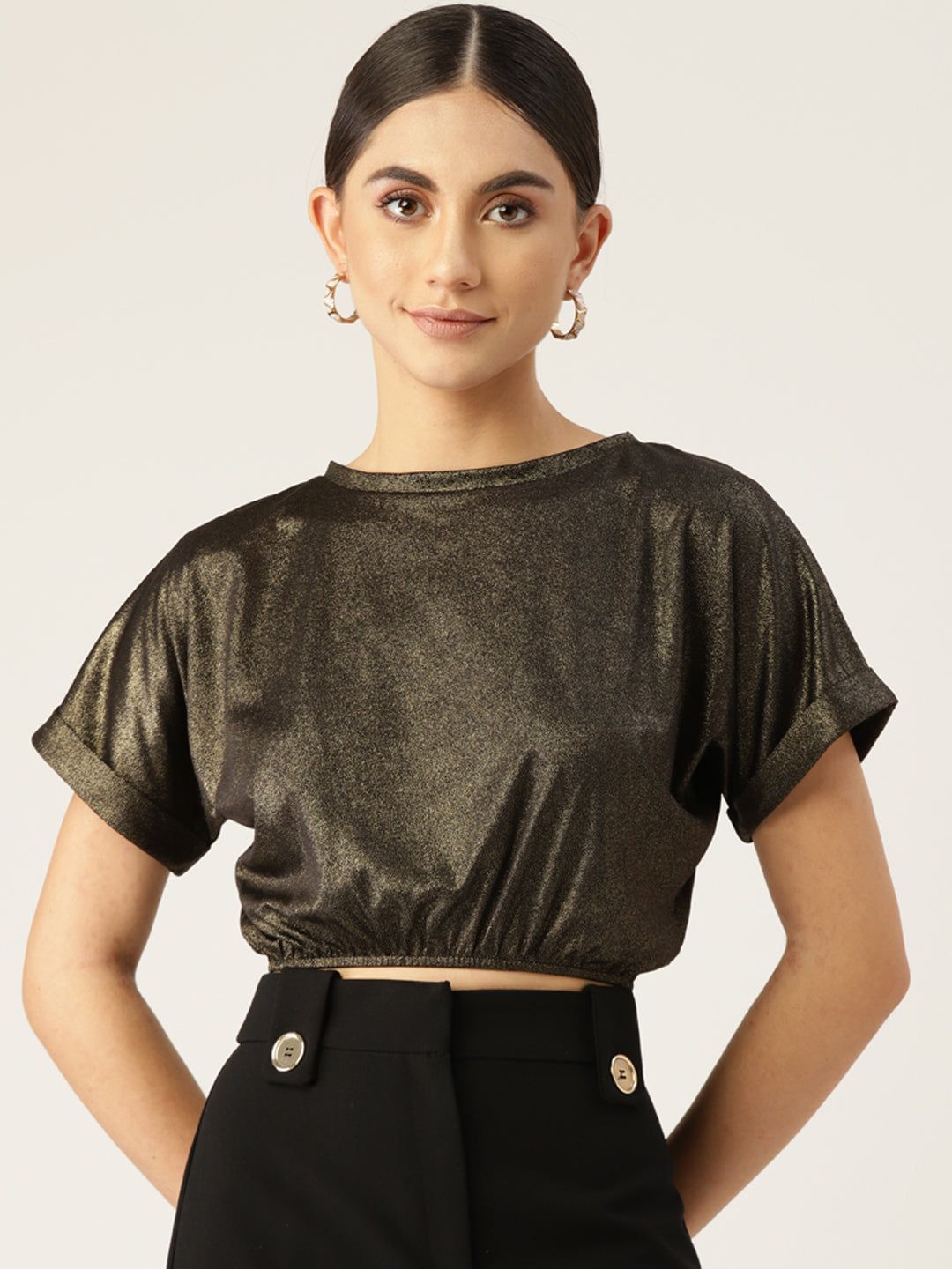 Black Extended Sleeves Metallic Crop Top