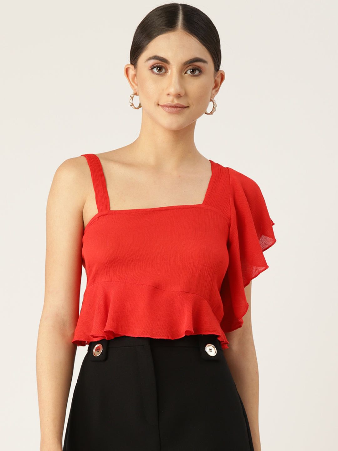 Red One Shoulder Ruffles Crepe Crop Top
