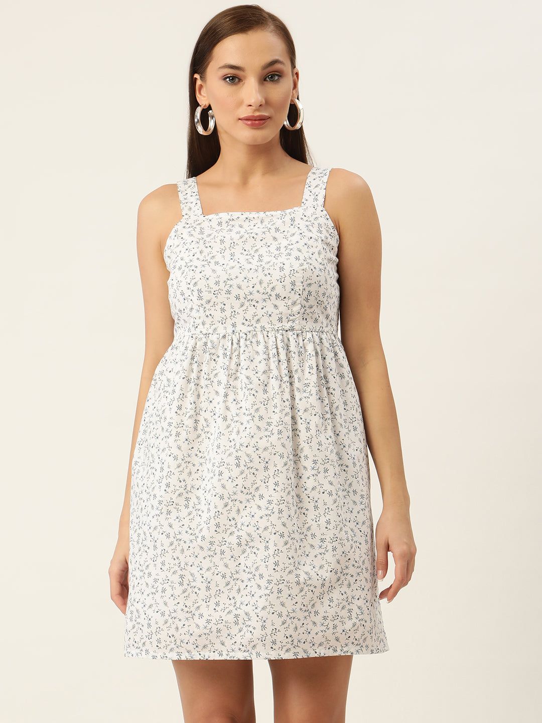 Off White & Blue Floral A-Line Dress