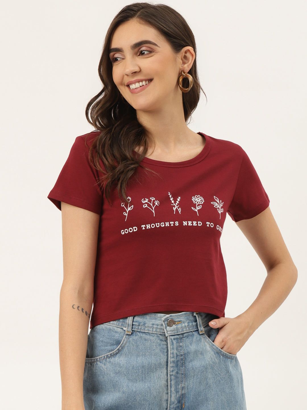 Maroon & White Print Fitted Crop Top