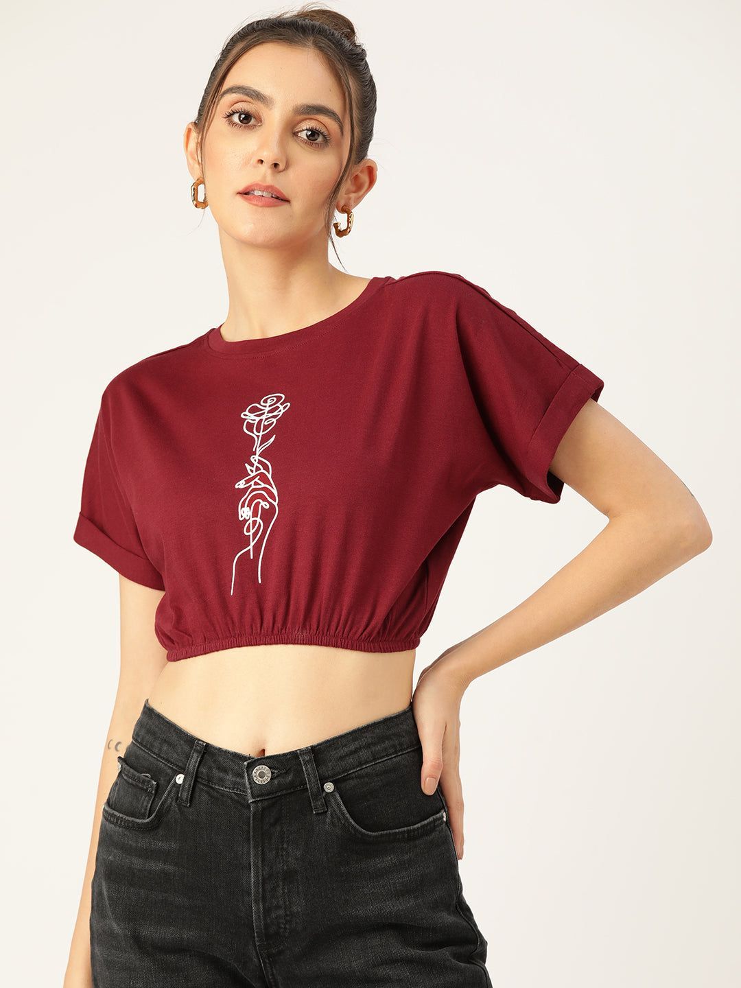 Maroon Printed Extended Sleeves Blouson Crop Top
