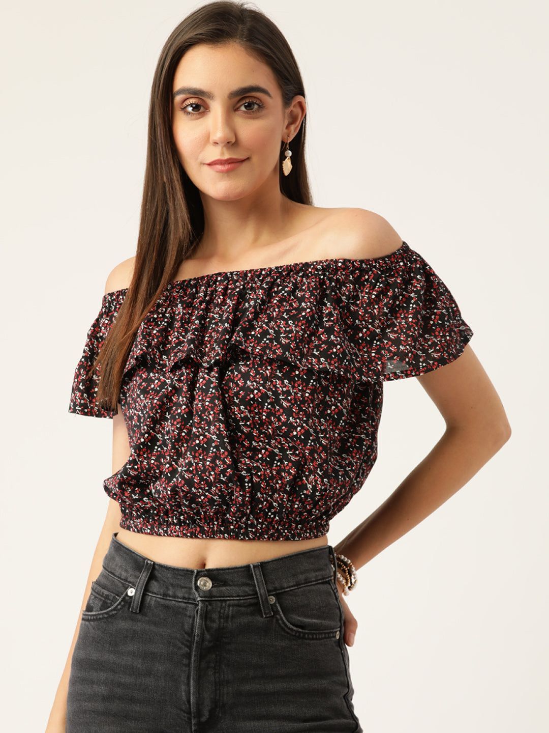 Black & Red Floral Print Off-Shoulder Bardot Crop Top